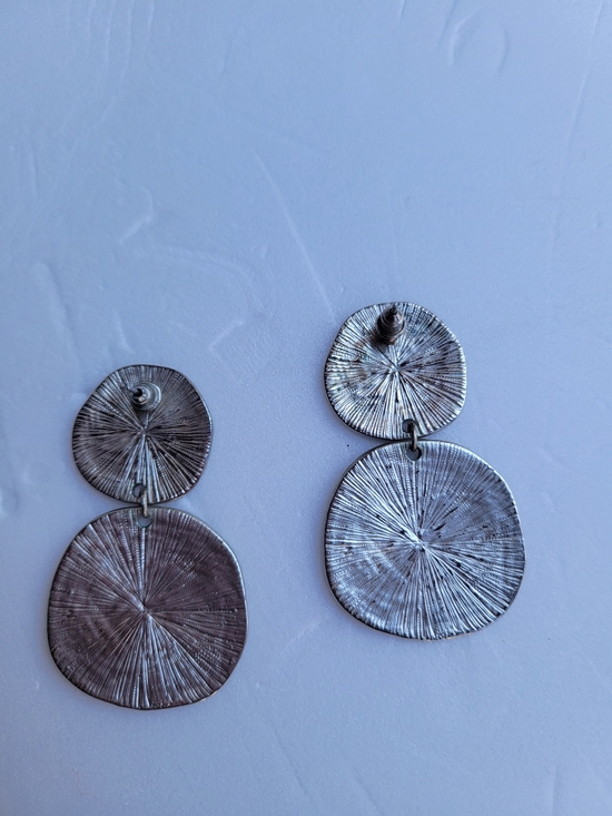 Textured Silver Double Disk Drop Earrings - Women Jewelry - Picture 2 of 4